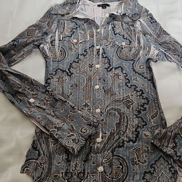 Komarov Pleated Button-Down Long Sleeves Shirt Small Blue/Cream - Picture 15 of 16